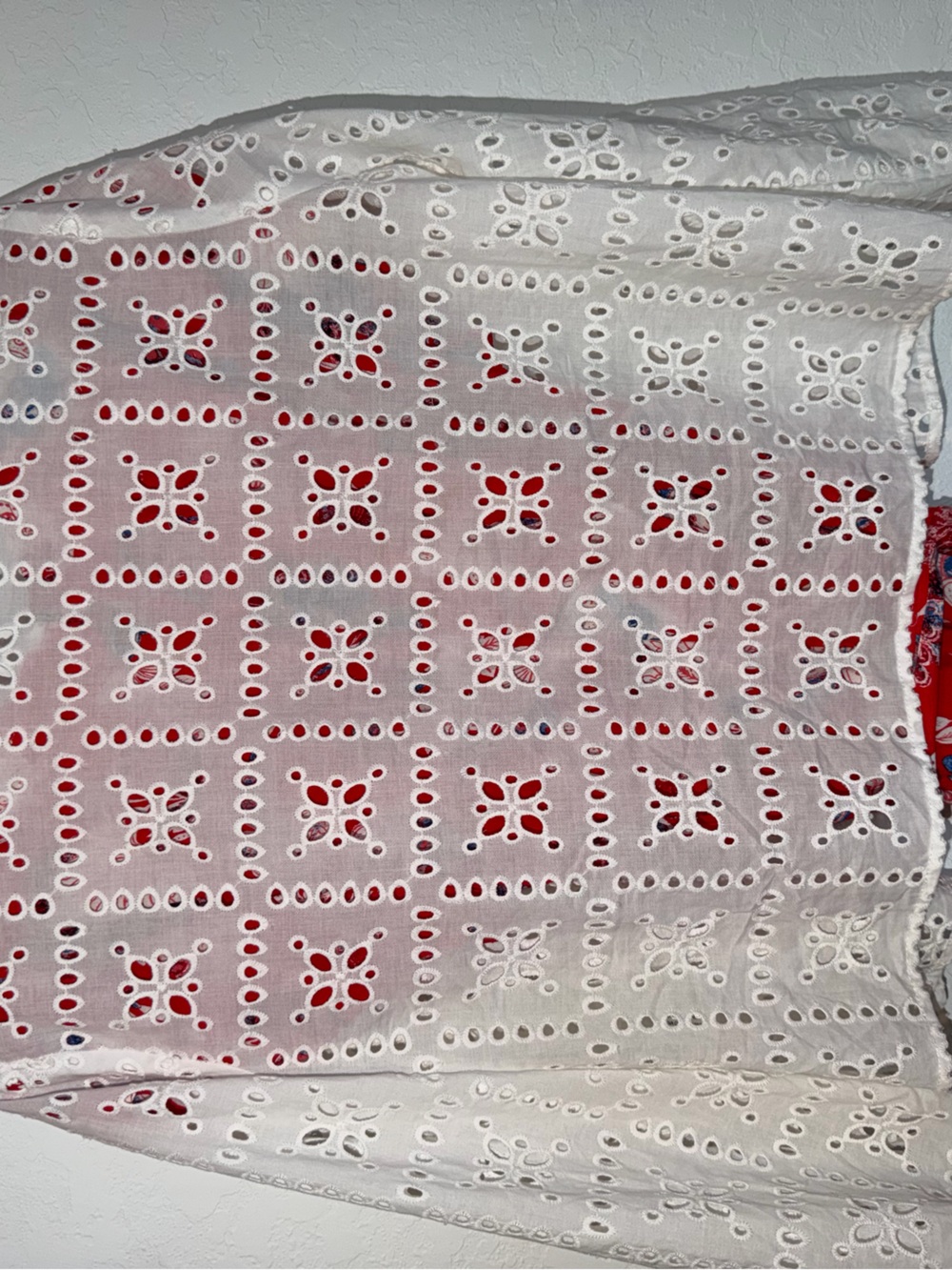 Retrolicious White Eyelet Button-Down Shirt with Red Underlay